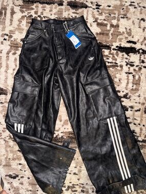 adidas Black Faux Leather Cargo Track Pants with White Stripes
